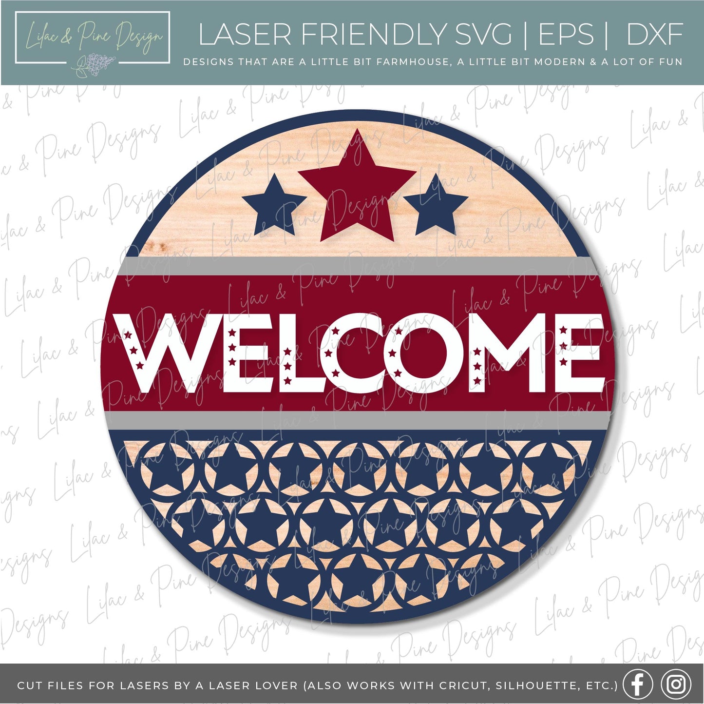 Patriotic Welcome round sign, July 4th door decor SVG, USA SVG, Olympics decor, Independence Day porch sign, Glowforge Svg, laser cut file