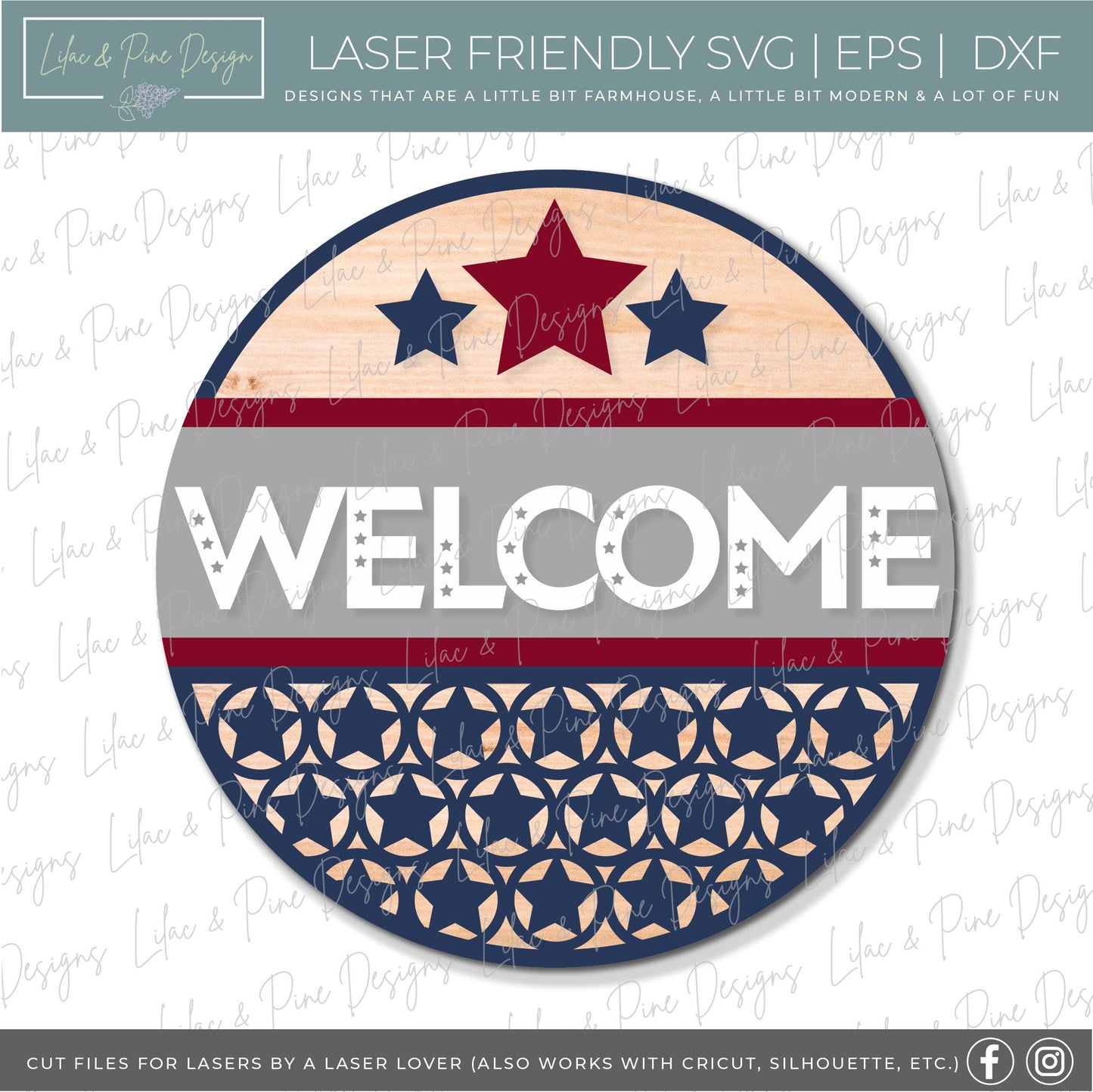 Patriotic Welcome round sign, July 4th door decor SVG, USA SVG, Olympics decor, Independence Day porch sign, Glowforge Svg, laser cut file