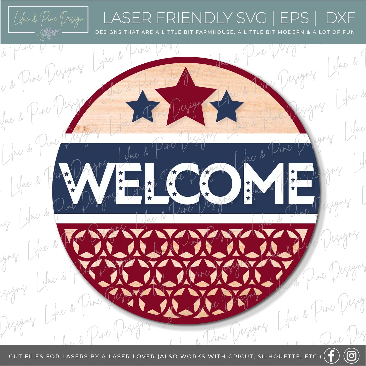 Patriotic Welcome round sign, July 4th door decor SVG, USA SVG, Olympics decor, Independence Day porch sign, Glowforge Svg, laser cut file