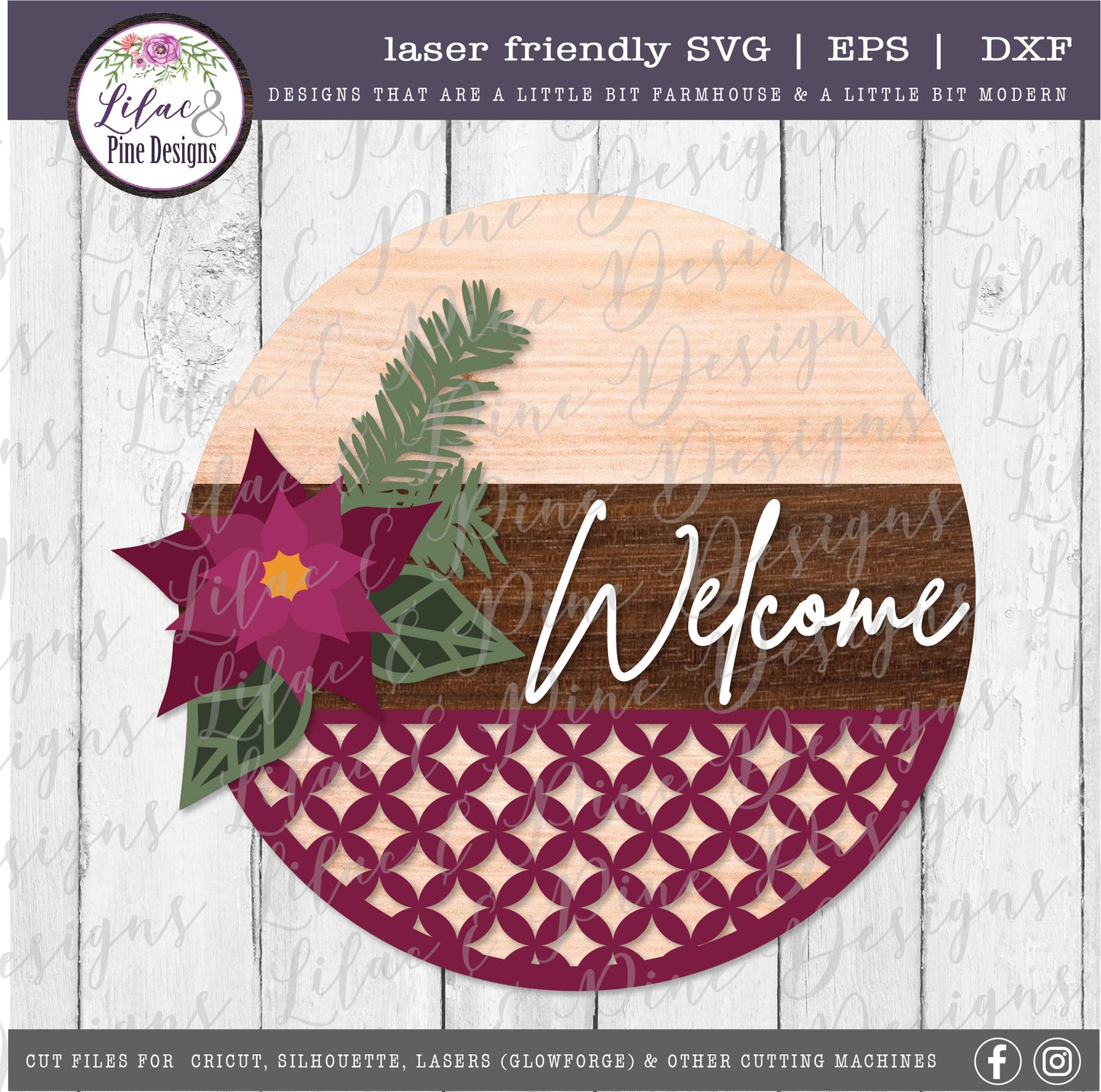 Christmas Welcome sign SVG, Poinsettia SVG, Christmas Floral SVG, Holiday Floral sign SVG, Elegant Christmas sign, laser cut file, Glowforge SVG