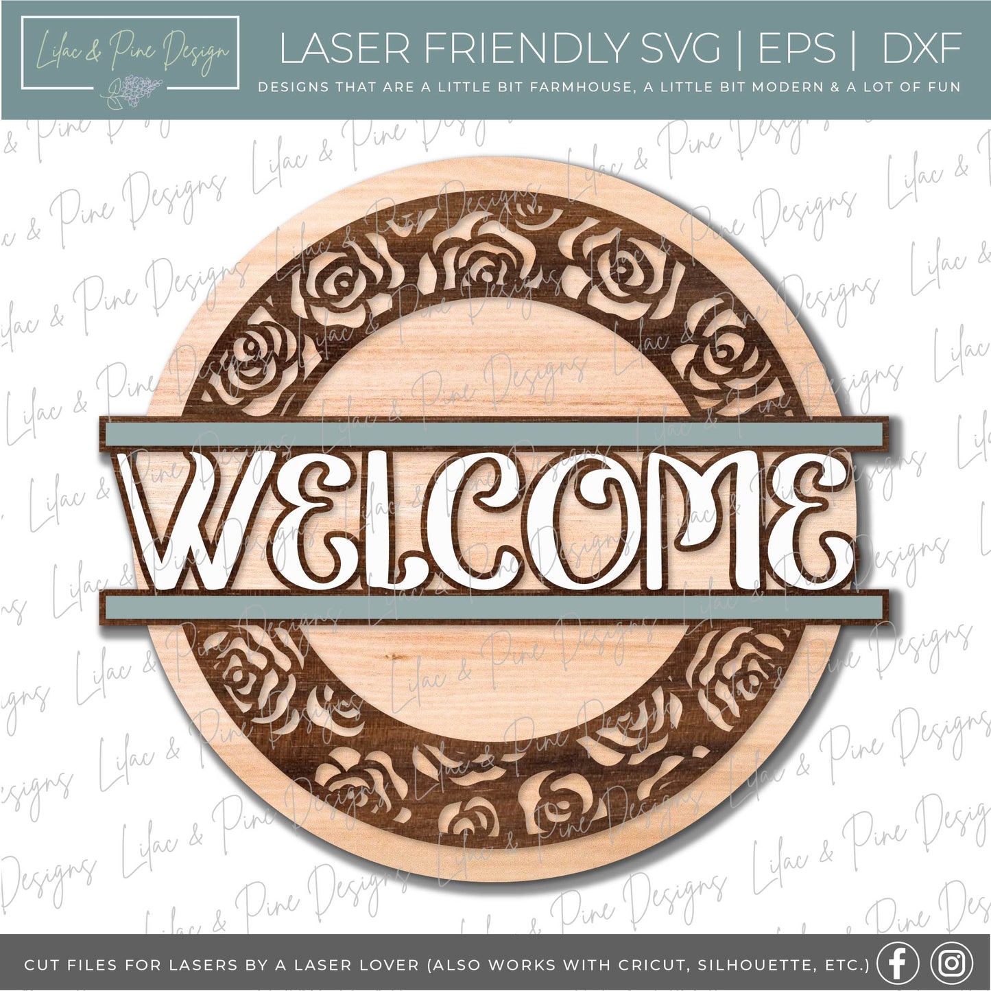 Rose Welcome Door hanger, floral decor SVG, rose svg, flower SVG, spring sign, summer sign SVG Glowforge Svg, laser cut file