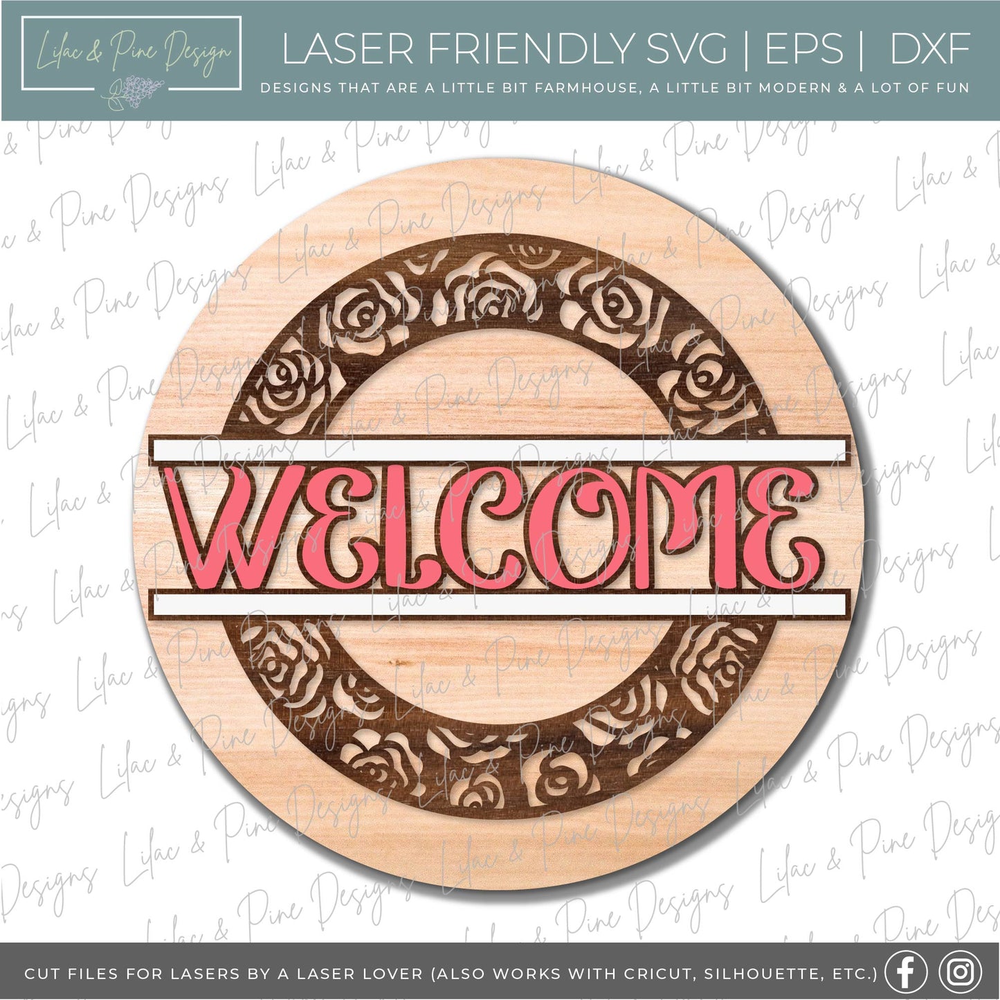 Rose Welcome Door hanger, floral decor SVG, rose svg, flower SVG, spring sign, summer sign SVG Glowforge Svg, laser cut file