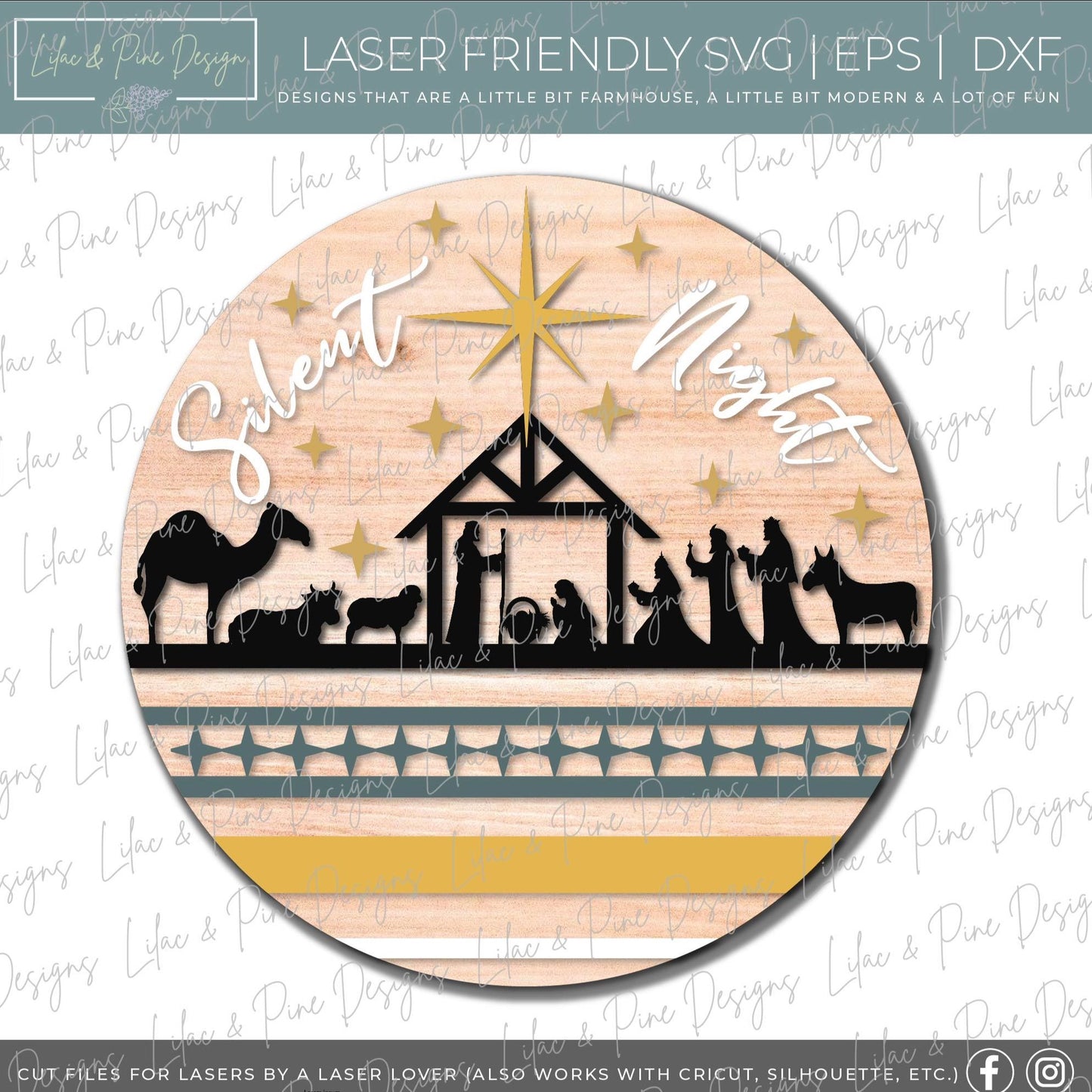 Silent Night Nativity door hanger sign, Holy Night SVG, Nativity welcome SVG, manger SVG, Christmas laser file laser cut file, Glowforge file