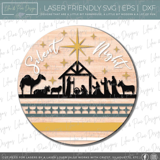 Silent Night Nativity door hanger sign, Holy Night SVG, Nativity welcome SVG, manger SVG, Christmas laser file laser cut file, Glowforge file