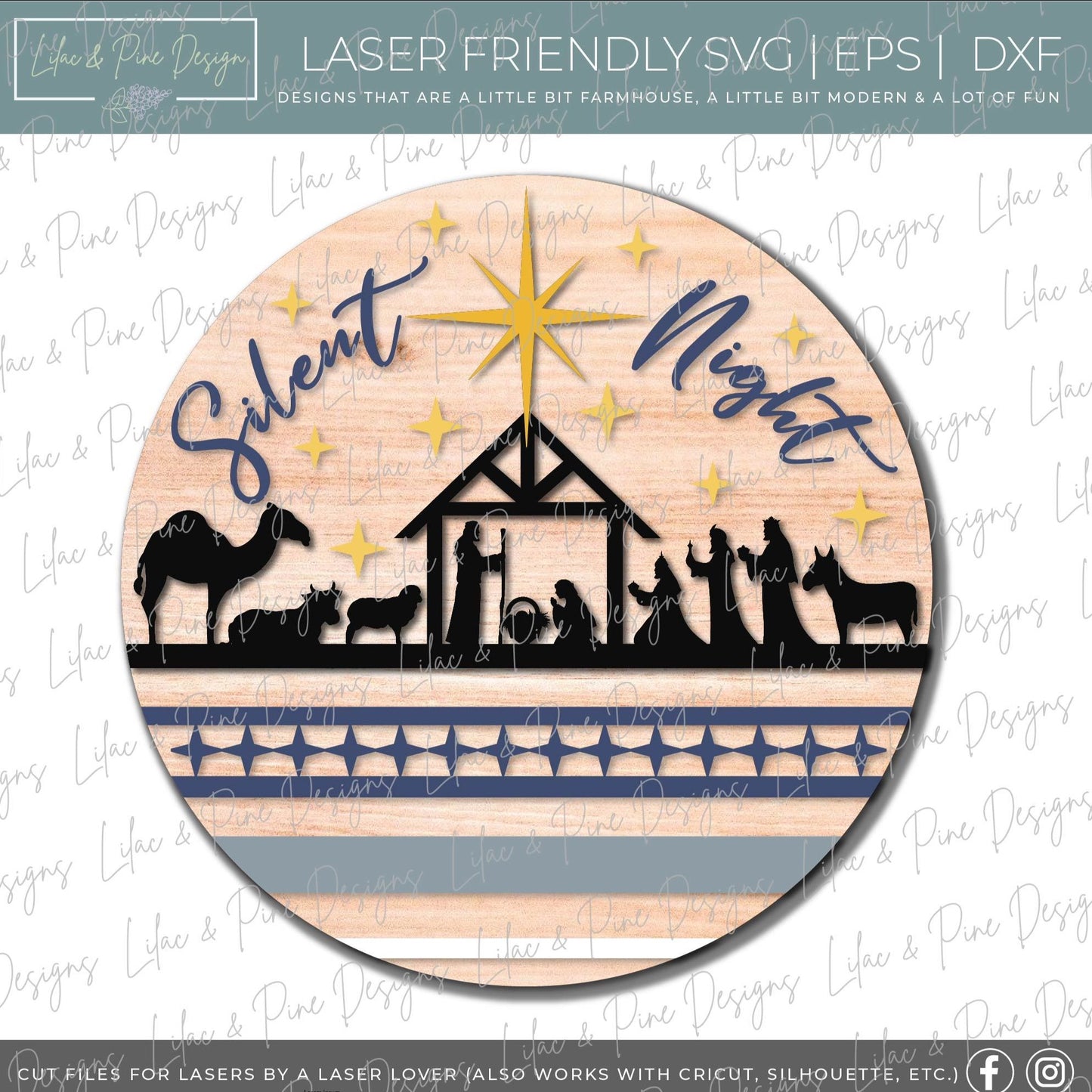 Silent Night Nativity door hanger sign, Holy Night SVG, Nativity welcome SVG, manger SVG, Christmas laser file laser cut file, Glowforge file