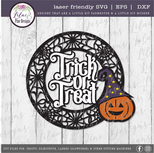 Spiderweb frame Trick or Treat Sign SVG, Halloween Welcome SVG, Spooky SVG, Jack o Lantern SVG, Door Round, Happy Halloween SVG, Halloween decor, laser cut file, Glowforge SVG