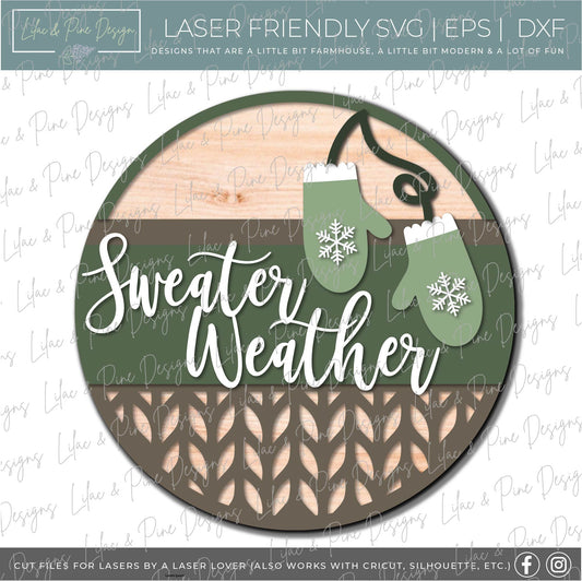 Sweater Weather Mitten door hanger SVG, Winter Welcome sign SVG, winter door round SVG, winter decor, snow SVG, mitten SVG, laser cut file, Glowforge SVG