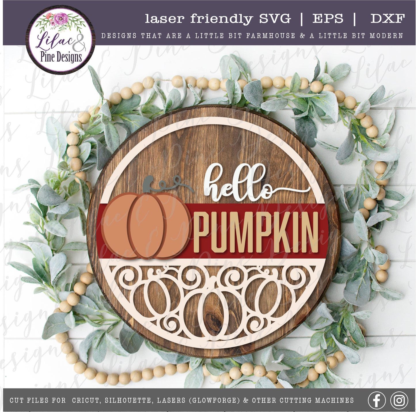 Swirly pumpkin pattern round sign SVG, fall porch decor SVG, laser cut file, Glowforge SVG