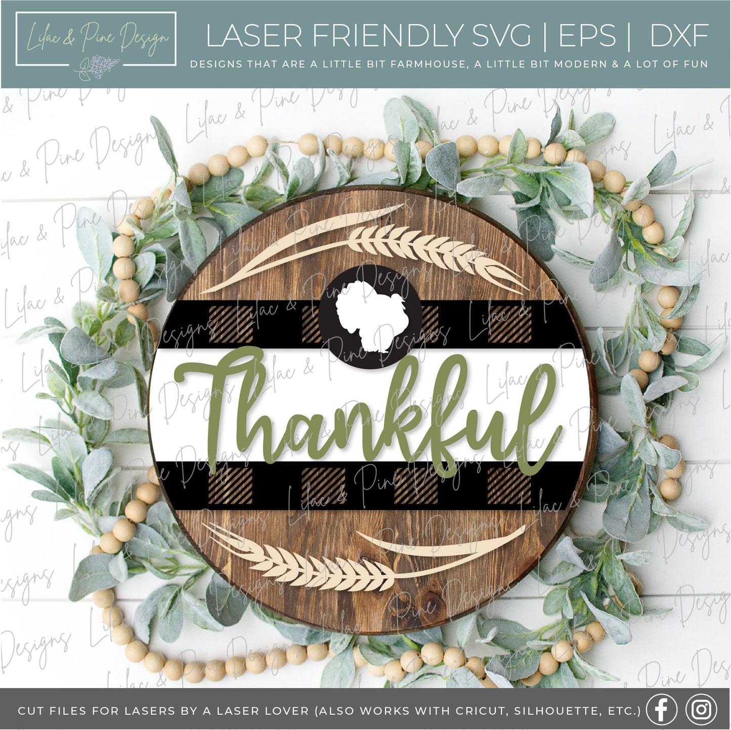 Thankful turkey sign SVG, Thanksgiving round SVG, Fall Welcome, Turkey porch decor svg, buffalo plaid svg, Glowforge Svg, laser cut file
