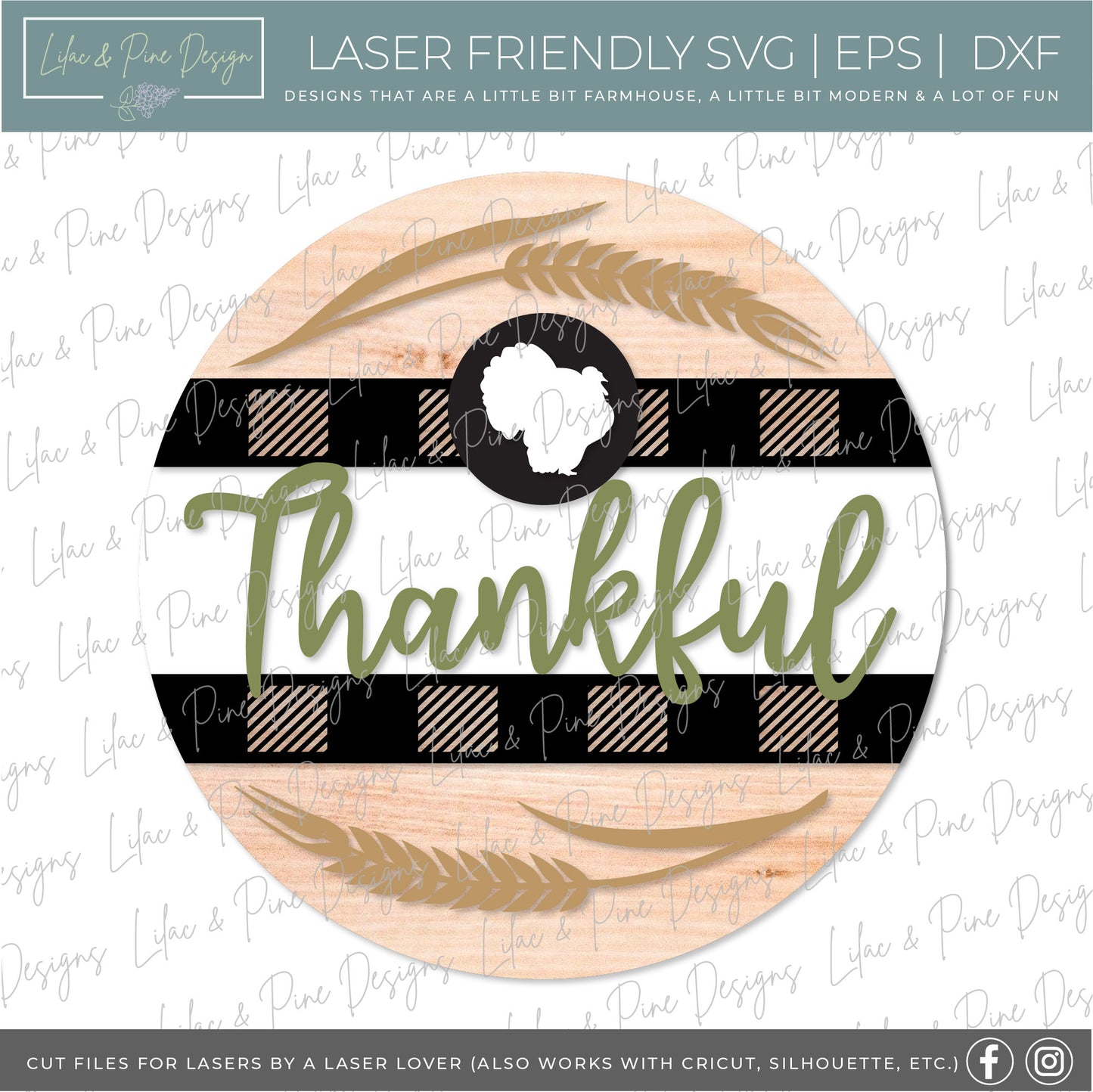 Thankful turkey sign SVG, Thanksgiving round SVG, Fall Welcome, Turkey porch decor svg, buffalo plaid svg, Glowforge Svg, laser cut file