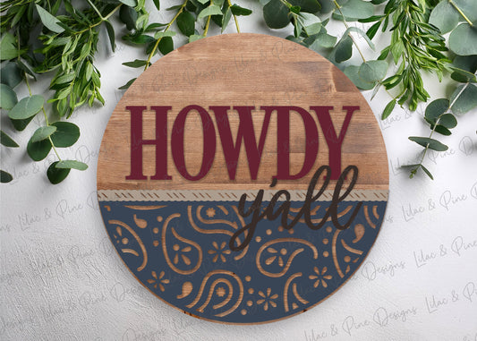 howdy y'all sign SVG, Western door hanger, Handkerchief pattern SVG, Cowboy Welcome sign SVG, porch sign svg, Glowforge Svg, laser cut file