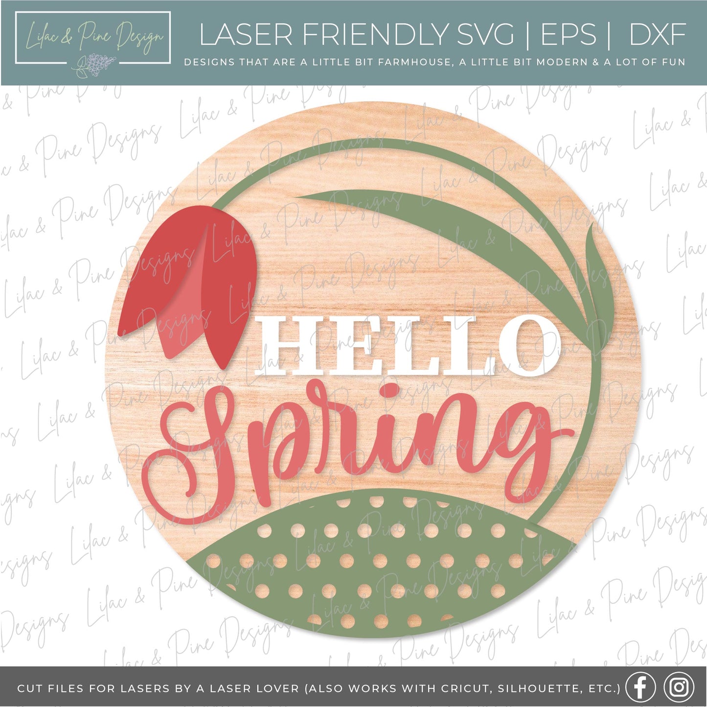 Hello Spring door hanger, Tulip welcome sign, floral round sign, Glowforge SVG, laser cut file