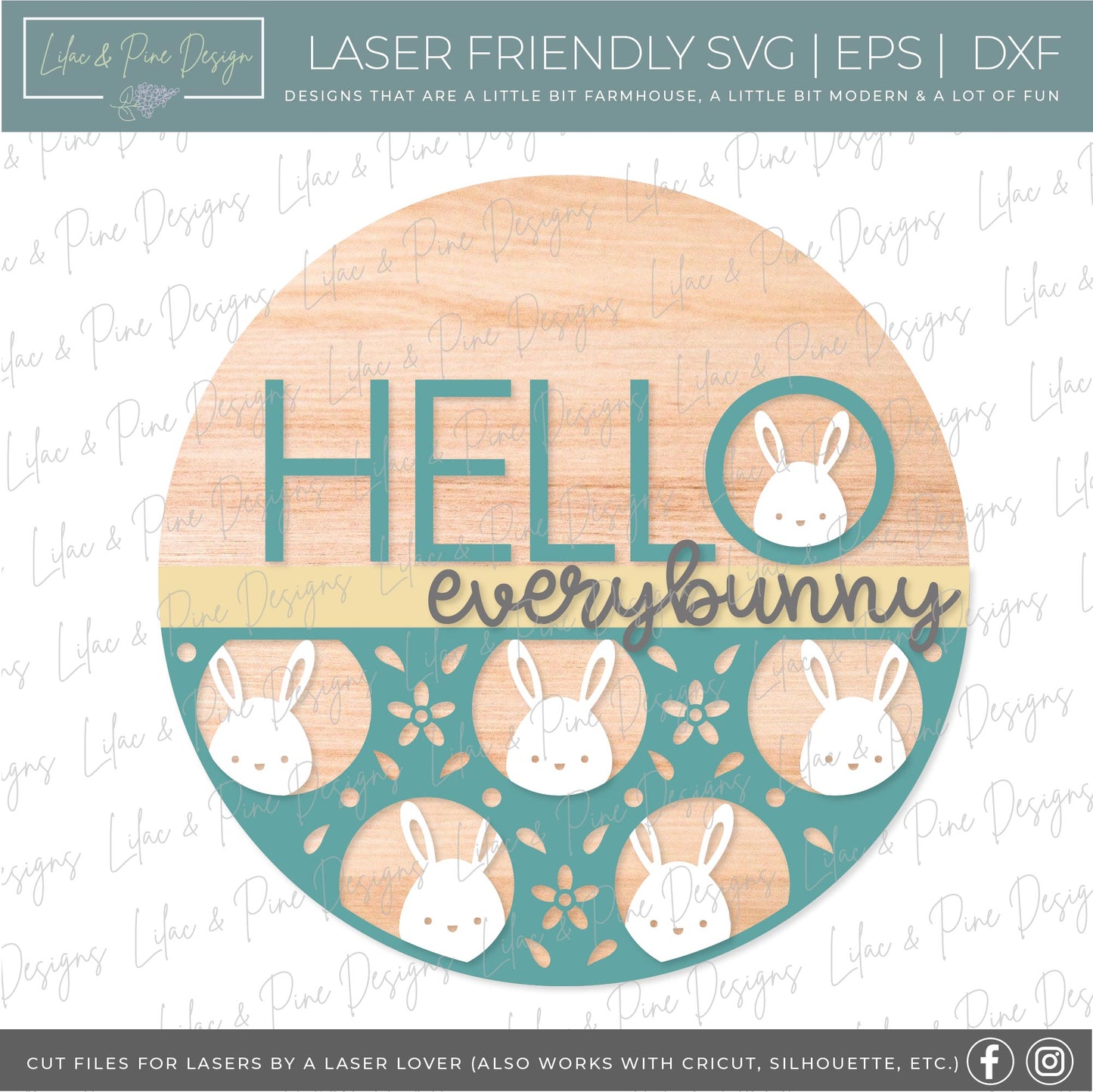Hello Everybunny door hanger, Easter welcome sign, cute Easter bunny SVG, Glowforge SVG, laser cut file