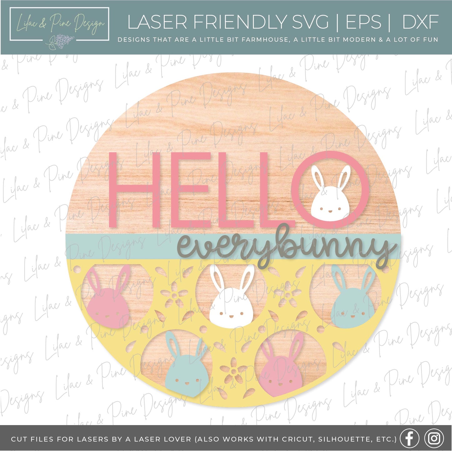 Hello Everybunny door hanger, Easter welcome sign, cute Easter bunny SVG, Glowforge SVG, laser cut file