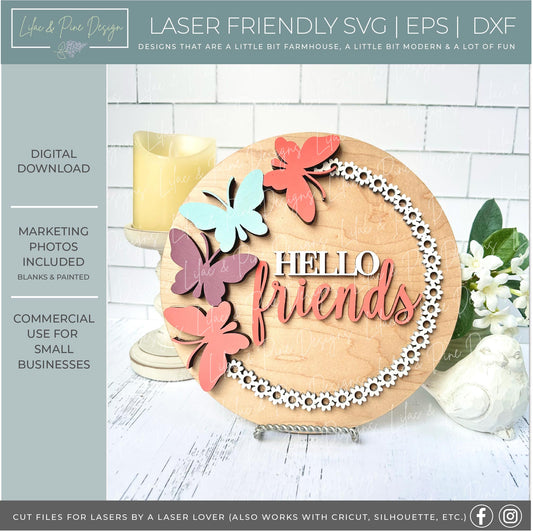 Hello friends butterfly door hanger, spring welcome sign, summer porch decor, baby name sign, Glowforge SVG, laser cut file