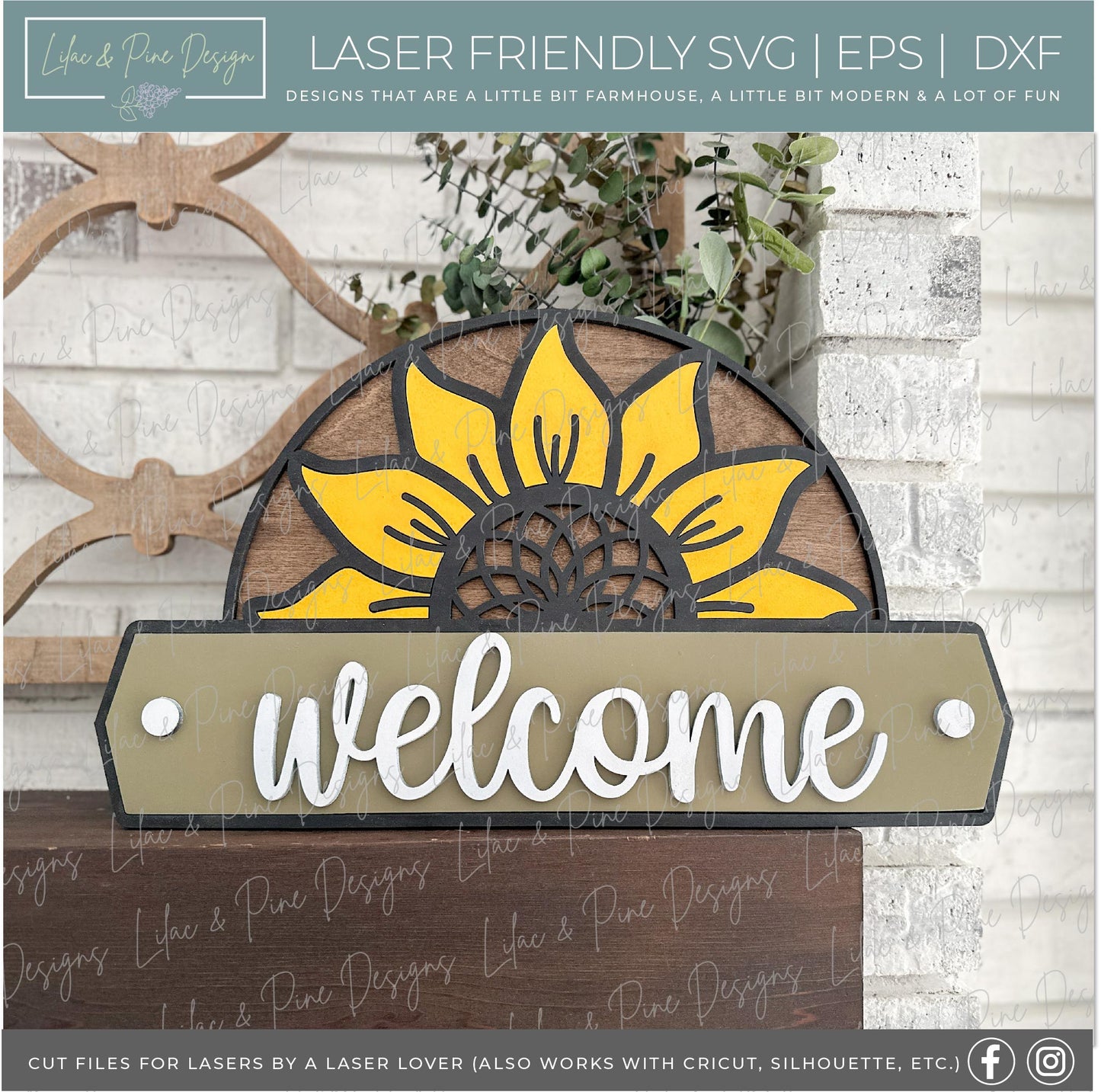 Sunflower welcome sign, shaped door hanger, summer porch sign, fall porch decor, Glowforge SVG, laser cut file