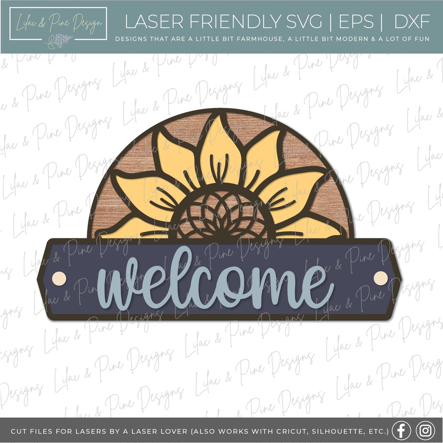 Sunflower welcome sign, shaped door hanger, summer porch sign, fall porch decor, Glowforge SVG, laser cut file