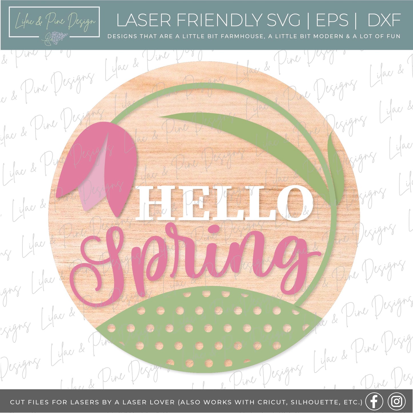 Hello Spring door hanger, Tulip welcome sign, floral round sign, Glowforge SVG, laser cut file