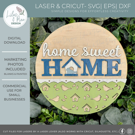 Home Sweet Home Round SVG - Layered Laser Spring Welcome sign - Bird and Birdhouse Door Hanger File