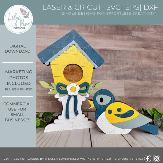 Birdhouse and Bird Shelf Sitter SVG Set - Layered Laser Cut Spring Decor - Chunky shelf sitter cut files