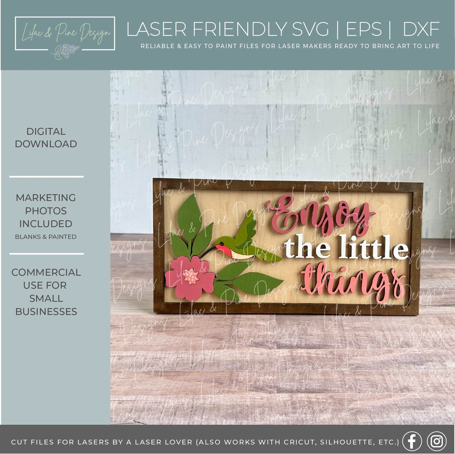 Enjoy the Little things SVG - hummingbird sign - laser cut file - Glowforge SVG