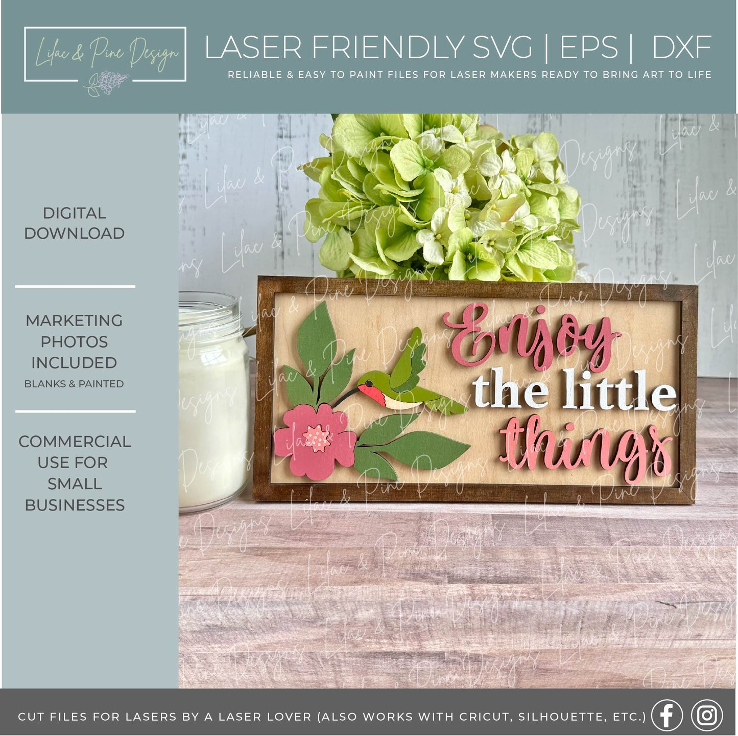 Enjoy the Little things SVG - hummingbird sign - laser cut file - Glowforge SVG