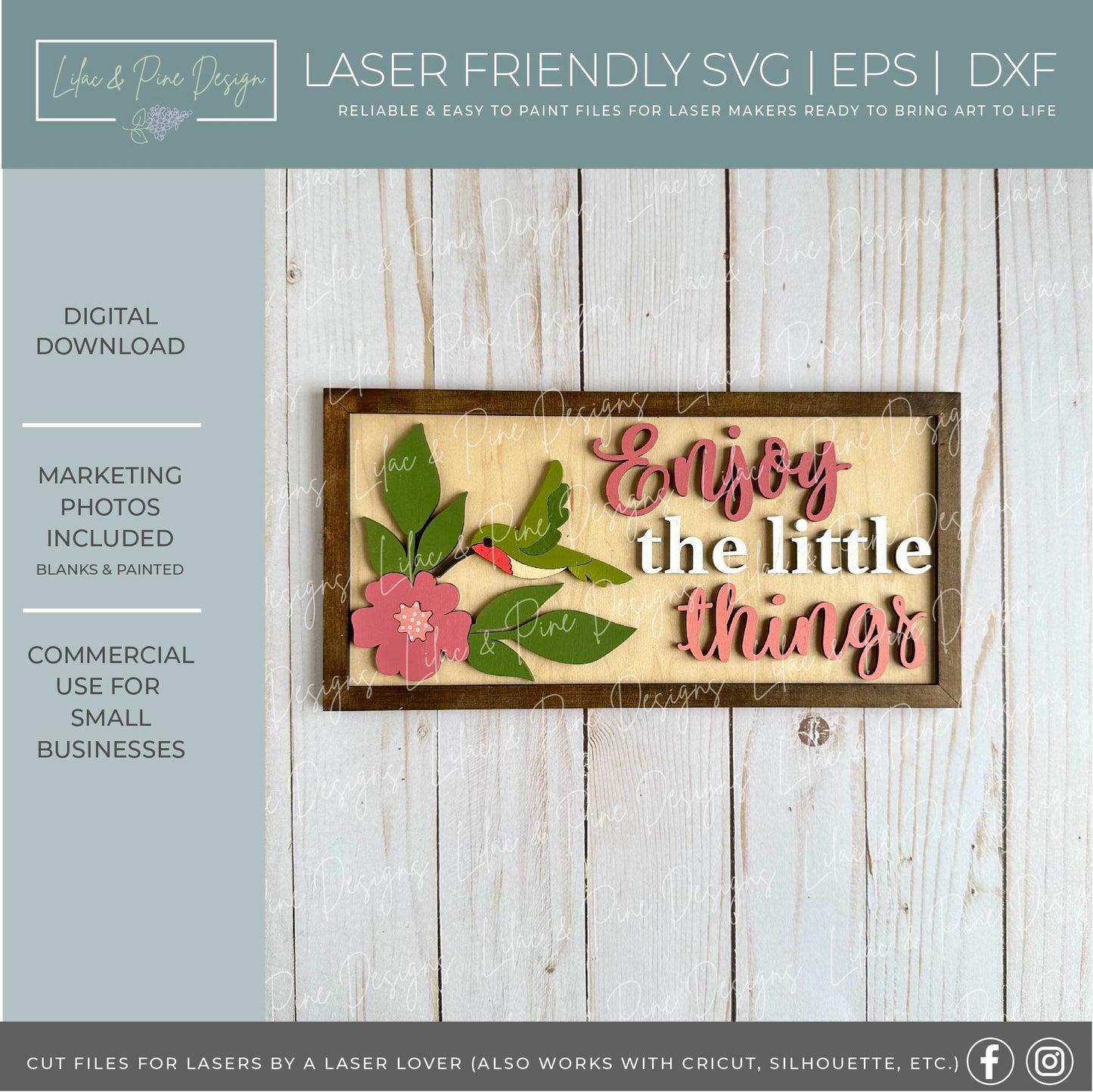 Enjoy the Little things SVG - hummingbird sign - laser cut file - Glowforge SVG