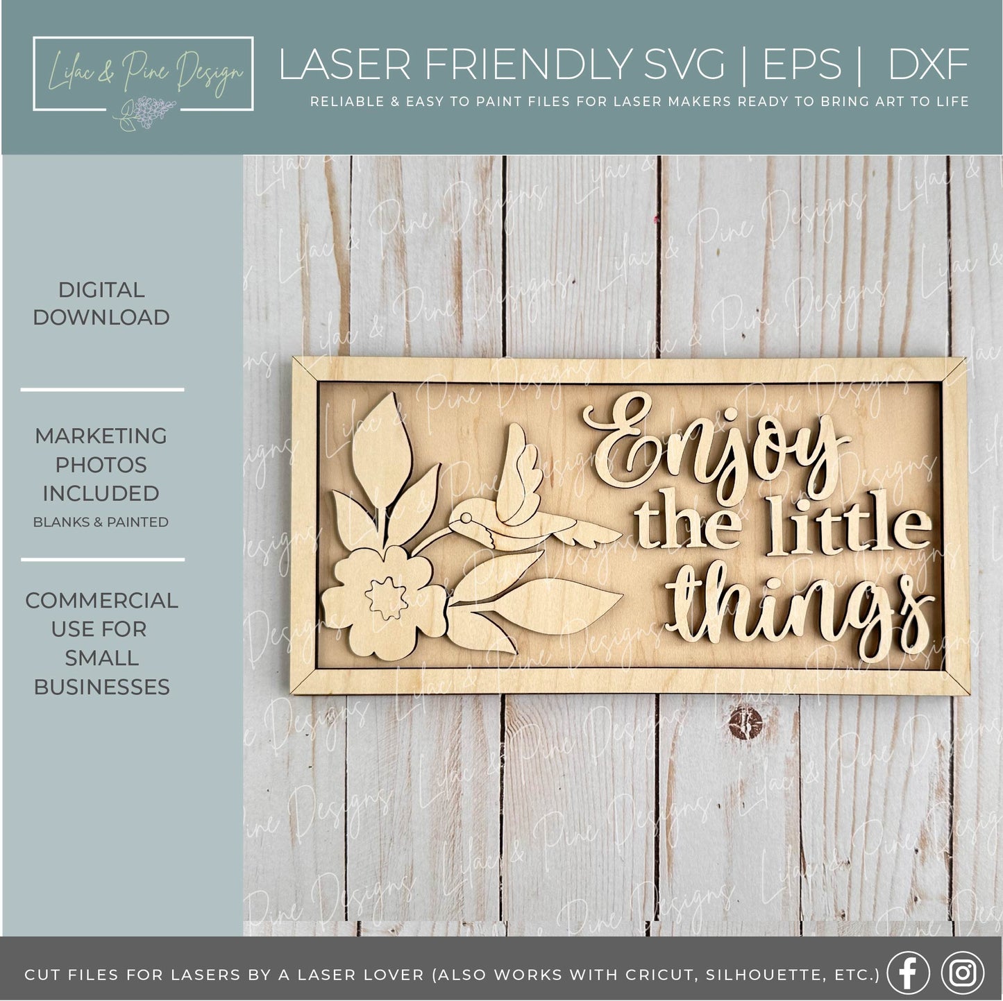 Enjoy the Little things SVG - hummingbird sign - laser cut file - Glowforge SVG