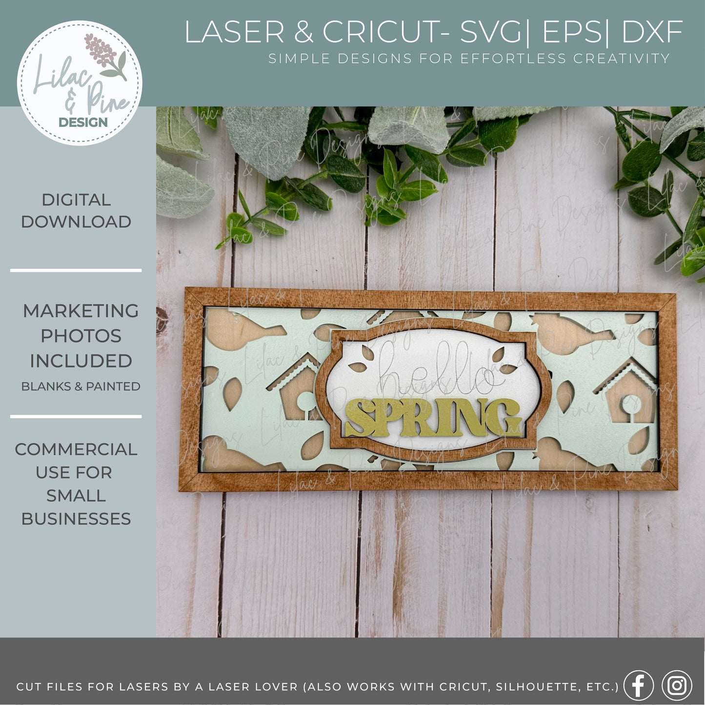 Hello Spring Rectangle SVG | Layered Laser Cut Birdhouse Sign File