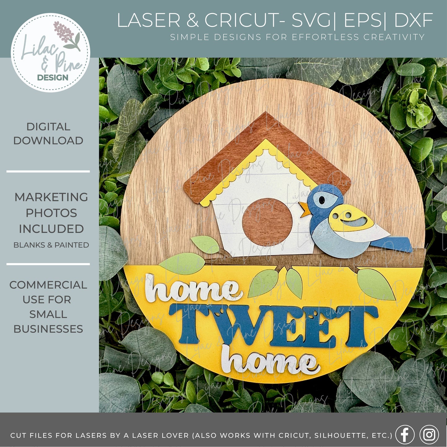 Home Tweet Home Round sign SVG - Birdhouse Laser Cut Spring Door Hanger File - Bird Welcome Sign SVG