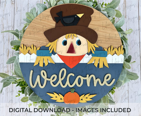 Scarecrow Round Sign SVG – 3 Fall Phrase Options (Hay There, Howdy, Welcome) – Laser Cut File for Door Hangers & Seasonal Decor (SVG | EPS | DXF)