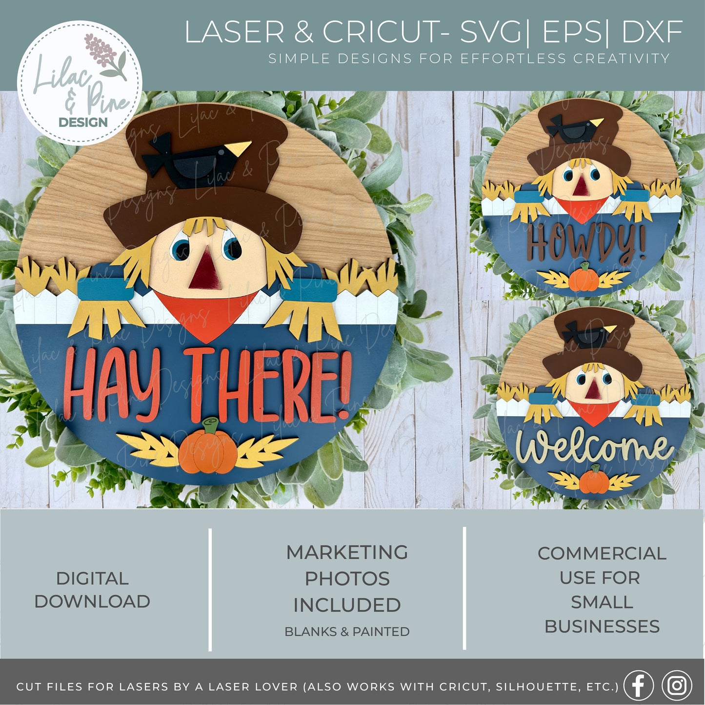Scarecrow Round Sign SVG – 3 Fall Phrase Options (Hay There, Howdy, Welcome) – Laser Cut File for Door Hangers & Seasonal Decor (SVG | EPS | DXF)