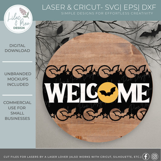 Halloween Bat Border Welcome Sign SVG | Spooky season Round Door Hanger | Laser Cut File | Full Moon Layered SVG