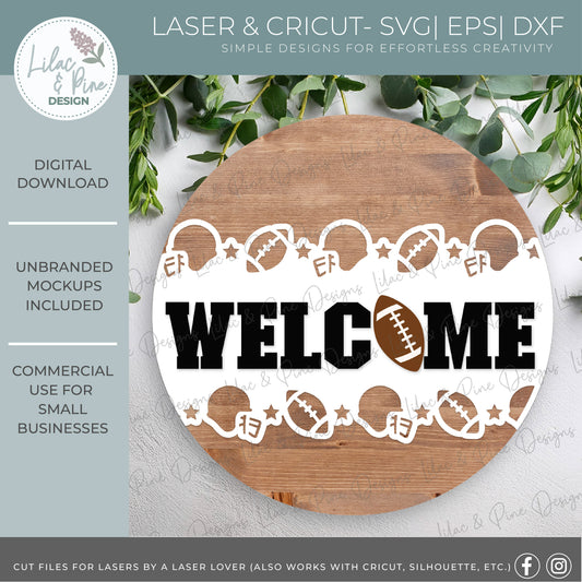 Welcome football round sign SVG - Sports fan door hanger - digital download - laser cut file for Glowforge, xTool, and Lightburn