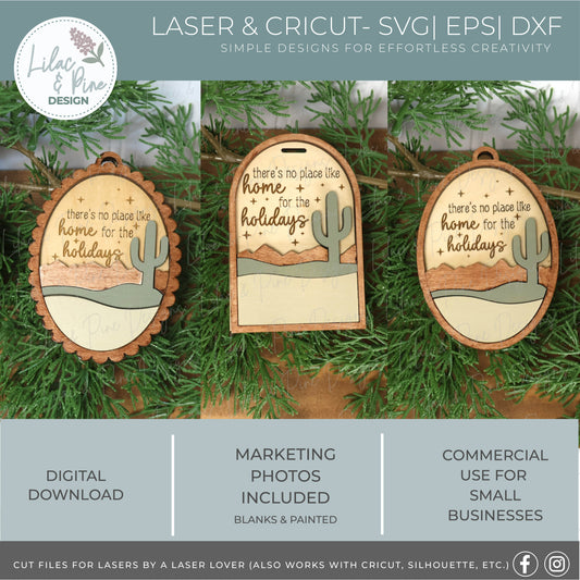 Desert Cactus Christmas Ornament Bundle SVG – Home for the Holidays laser cut file set  - Modern Oval design SVG - Customizable Ornament (Copy)