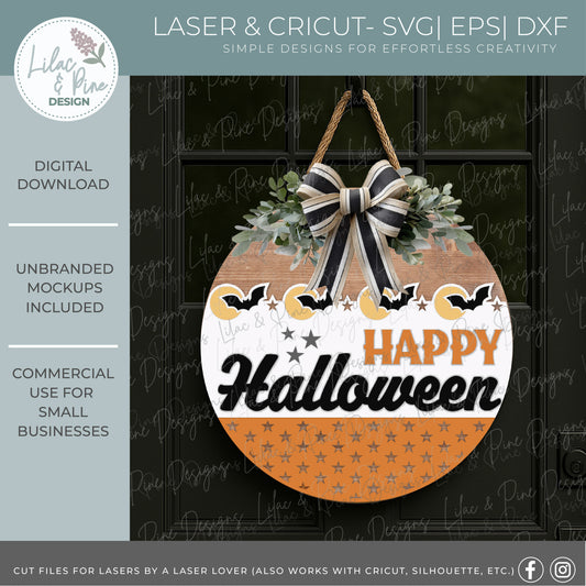 Happy Halloween Bat Moon Round Sign SVG – Laser Cut File - Spooky Season door hanger - Cricut Compatible
