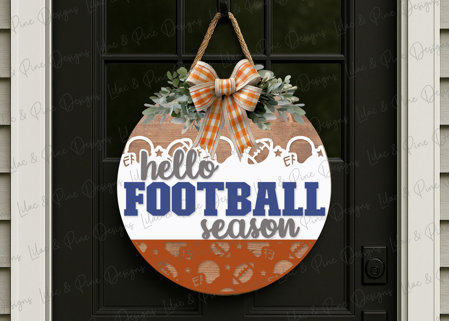 Hello Football season door hanger SVG - Football Fan welcome sign - Cricut SVG - layered round sign with patterned bottom - laser cut file: xTool, Glowforge, Lightburn