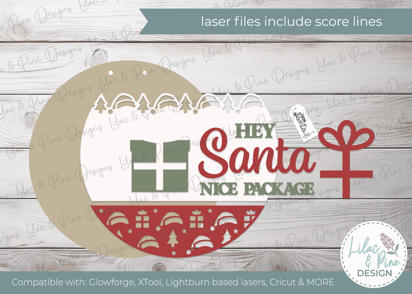 Hey Santa Nice Package SVG – Funny Christmas Round Sign cut file - Present door hanger - Cricut SVG - layered round sign with patterned bottom - laser cut file: xTool, Glowforge, Lightburn