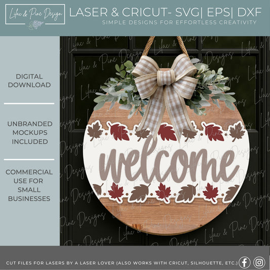 Welcome Leaf Border Round Sign SVG - Fall leaves door hanger - Glowforge SVG - laser cut file - Cricut SVG