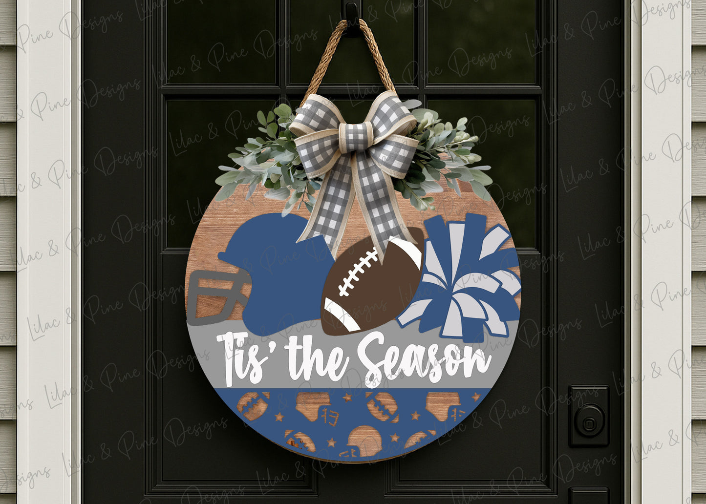 Tis the Season Football sign SVG - Fall Sports Mom door hanger - Customizable Round welcome sign - Cricut SVG - Laser cut file: Glowforge, xTool, Lightburn