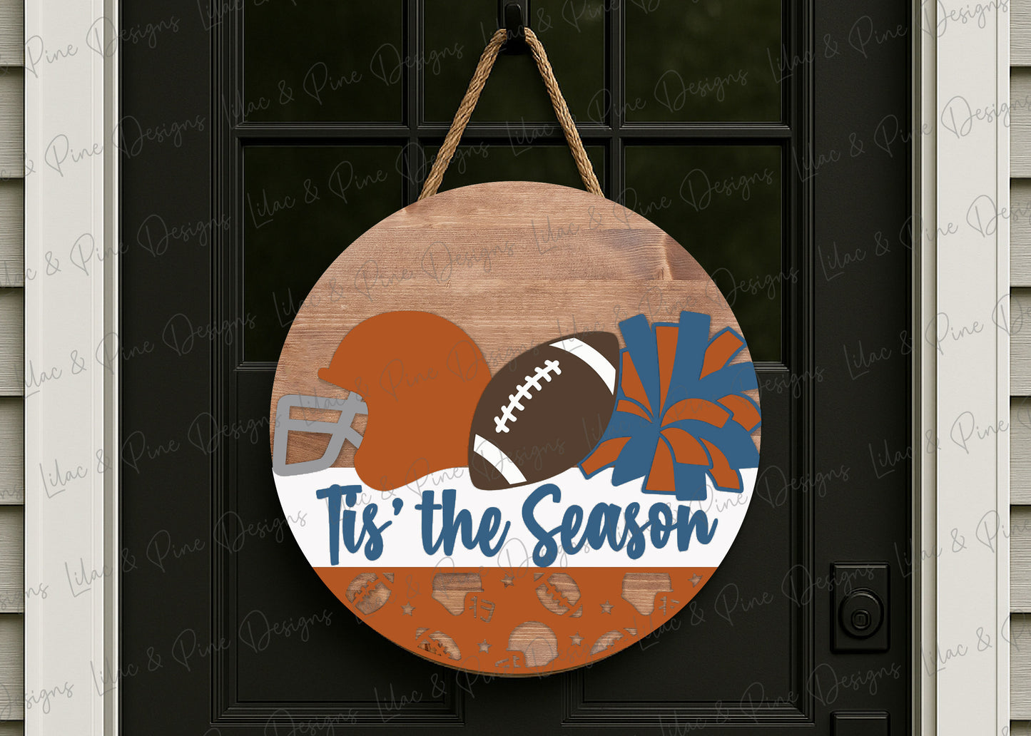 Tis the Season Football sign SVG - Fall Sports Mom door hanger - Customizable Round welcome sign - Cricut SVG - Laser cut file: Glowforge, xTool, Lightburn