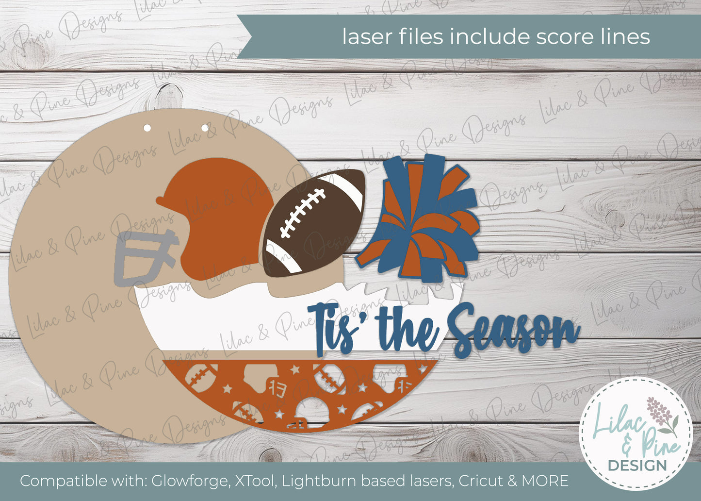 Tis the Season Football sign SVG - Fall Sports Mom door hanger - Customizable Round welcome sign - Cricut SVG - Laser cut file: Glowforge, xTool, Lightburn