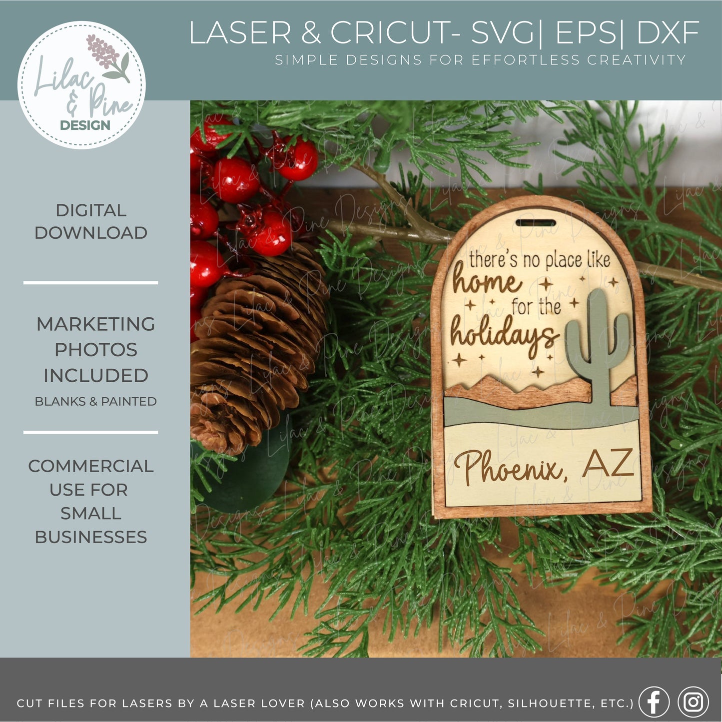 Desert Cactus Christmas Ornament Bundle SVG – Home for the Holidays laser cut file set  - Modern Oval design SVG - Customizable Ornament (Copy)