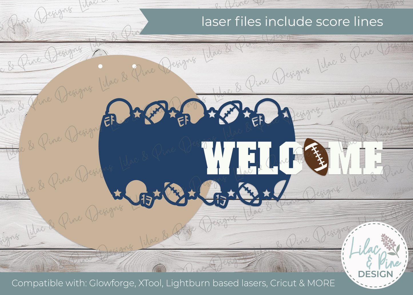 Welcome football round sign SVG - Sports fan door hanger - digital download - laser cut file for Glowforge, xTool, and Lightburn