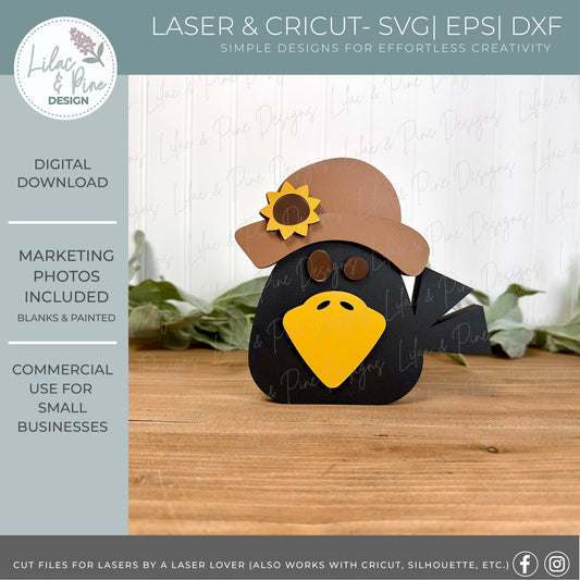 Chunky Crow SVG with Sunflower Hat – Autumn shelf decor - Laser Cut File for Fall Decor, Paint Party, and Small Business Use (SVG | EPS | DXF)