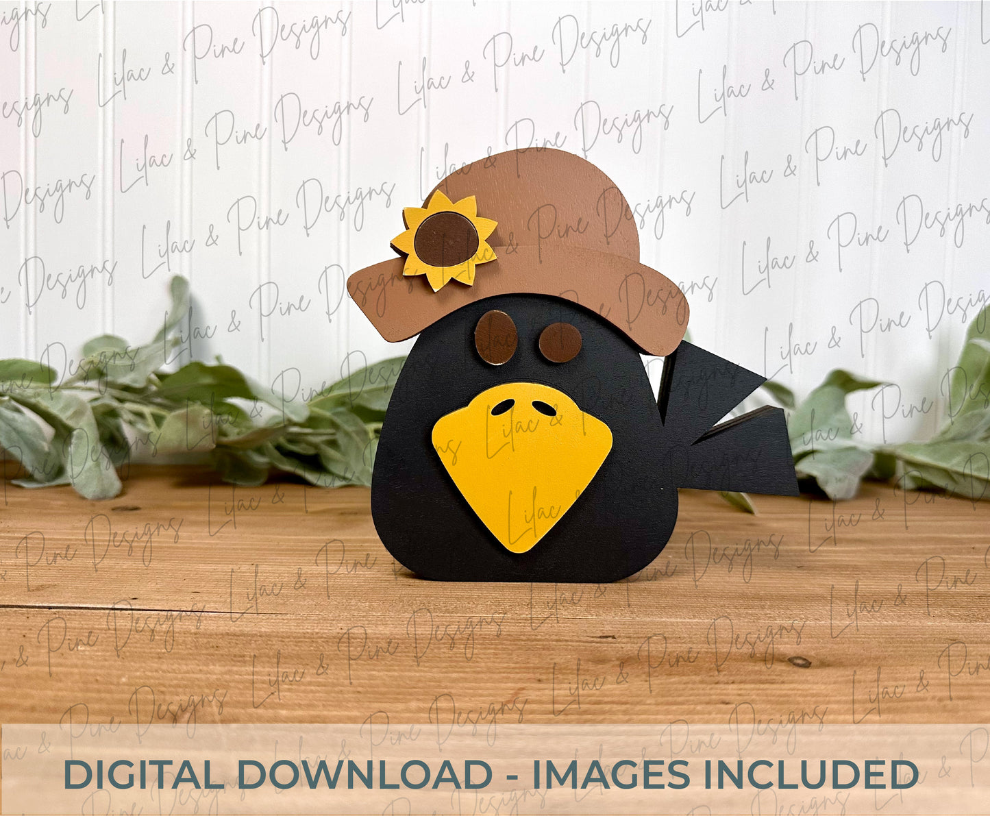 Chunky Crow SVG with Sunflower Hat – Autumn shelf decor - Laser Cut File for Fall Decor, Paint Party, and Small Business Use (SVG | EPS | DXF)