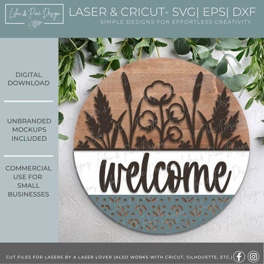 Welcome Fall Flora Line Art Round Sign - Cotton and wheat door hanger SVG - Autumn floral decor SVG - Glowforge and laser cut file - Cricut SVG