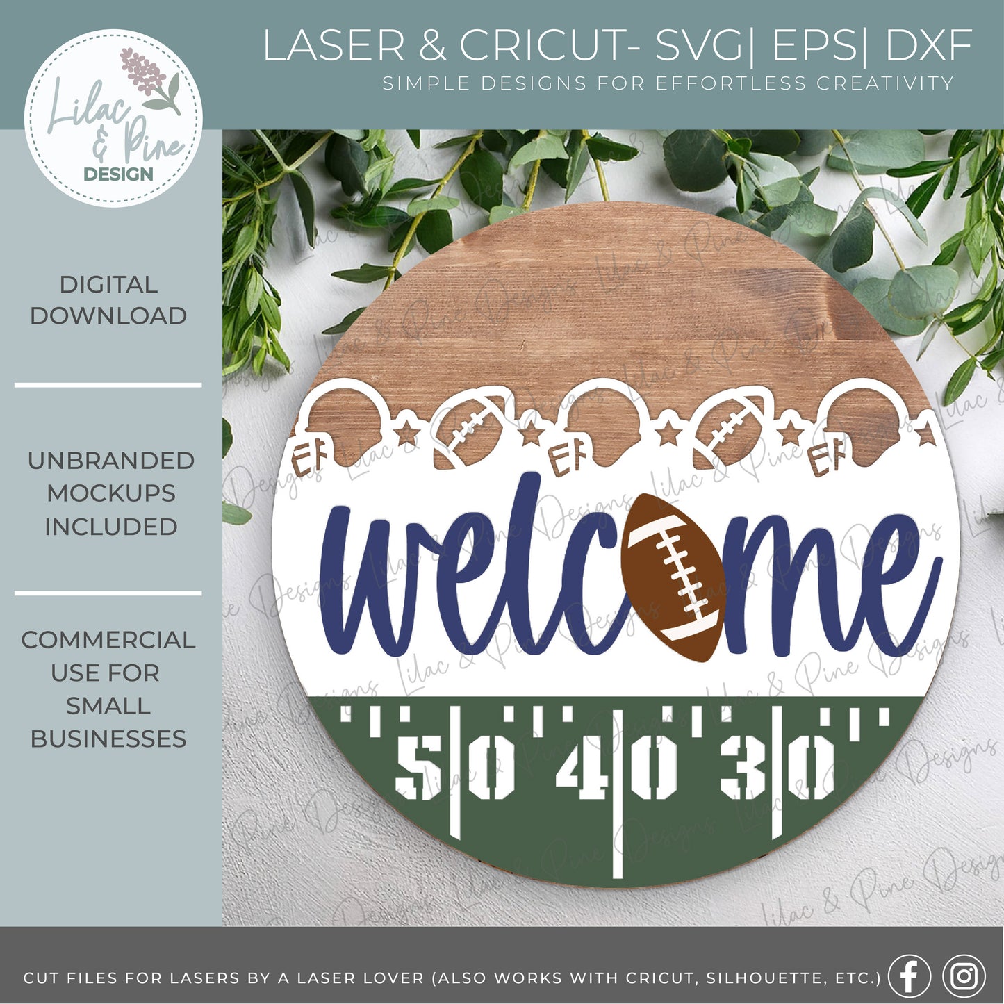 Football Welcome sign SVG - Football field Round door hanger - digital download - Cricut SVG - laser cut file: Glowforge, Xtool, Lightburn