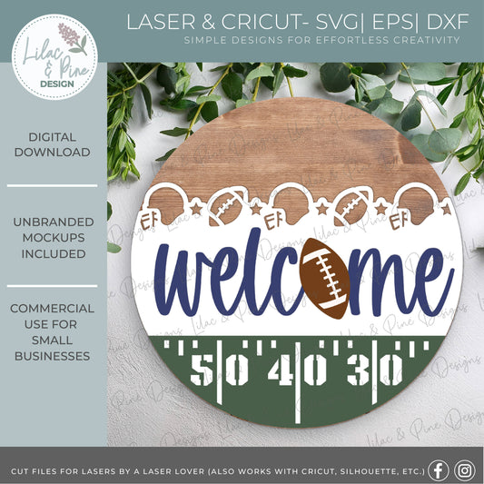 Football Welcome sign SVG - Football field Round door hanger - digital download - Cricut SVG - laser cut file: Glowforge, Xtool, Lightburn