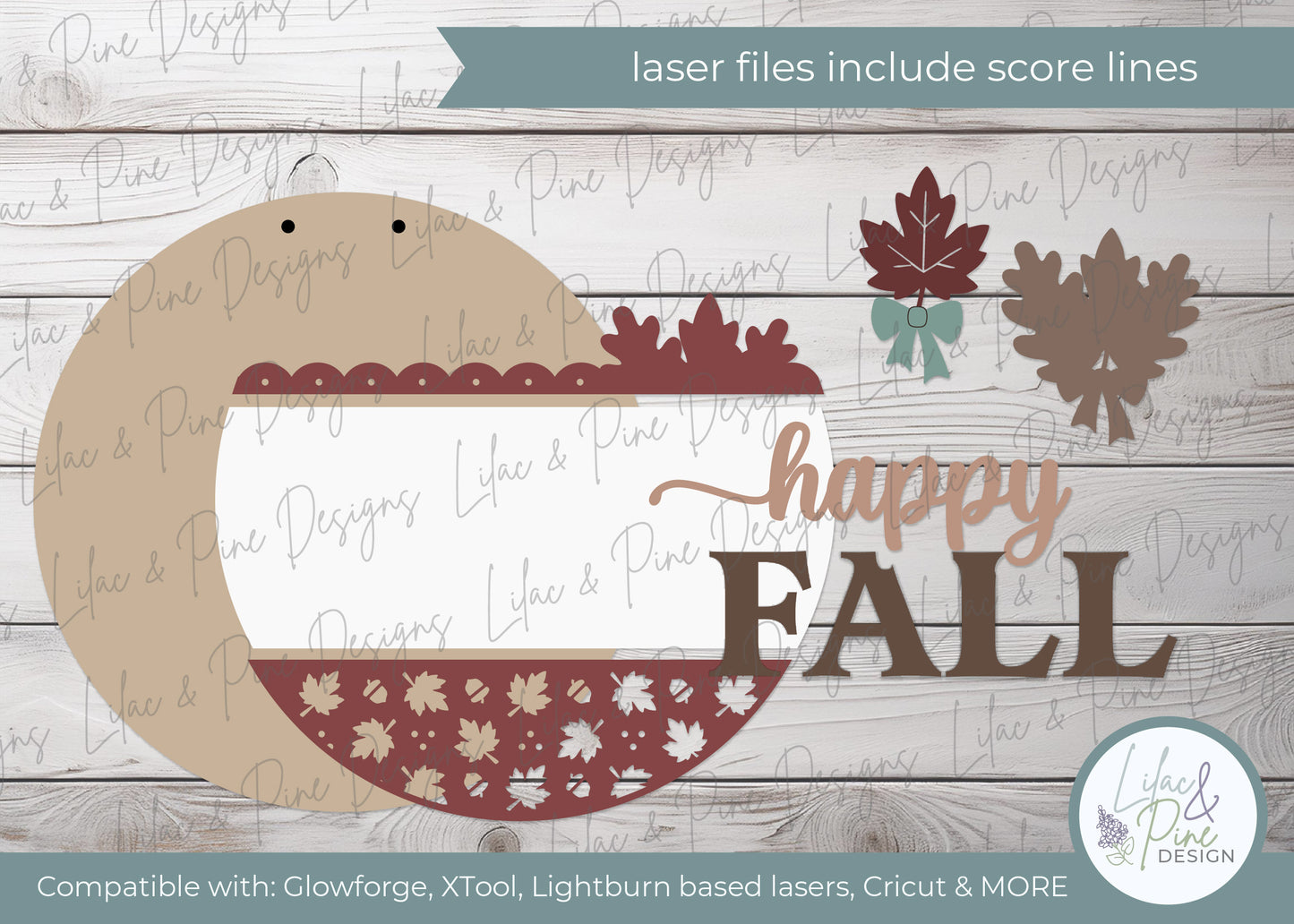 Coquette Style Happy Fall Door Hanger SVG - Fall Leaves Welcome sign - Autumn porch decor - Digital download for lasers - Cricut compatible
